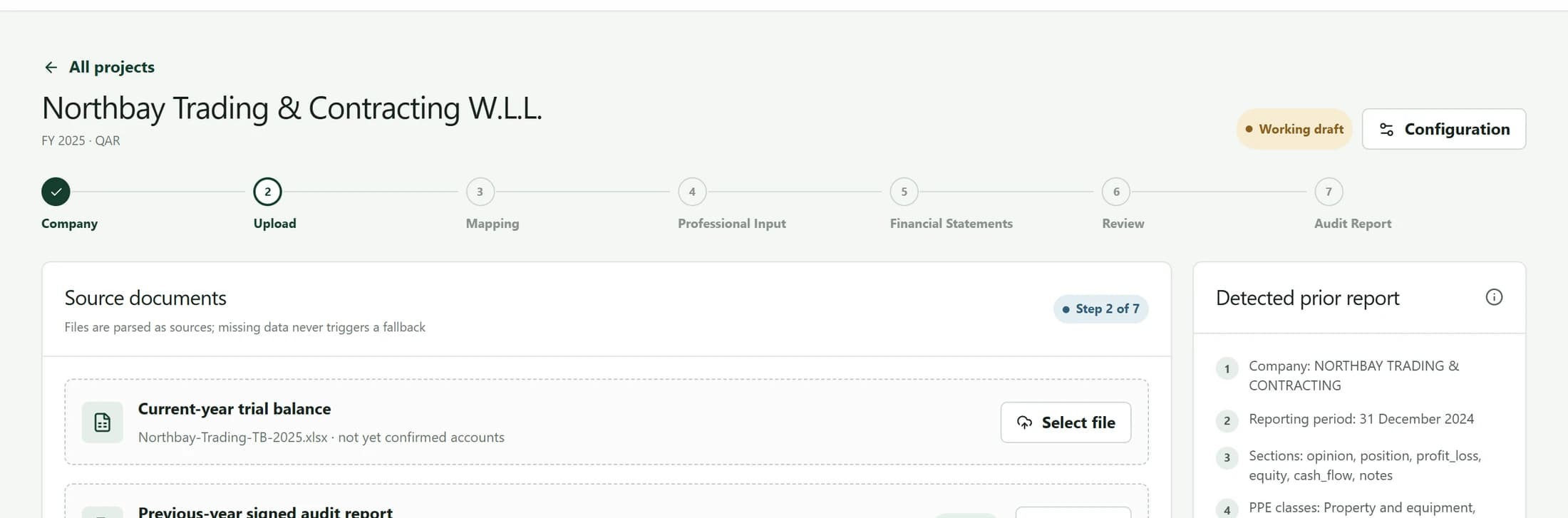 The Source documents stage of 47 Financials with the trial balance and prior-year signed report uploaded and parsed.