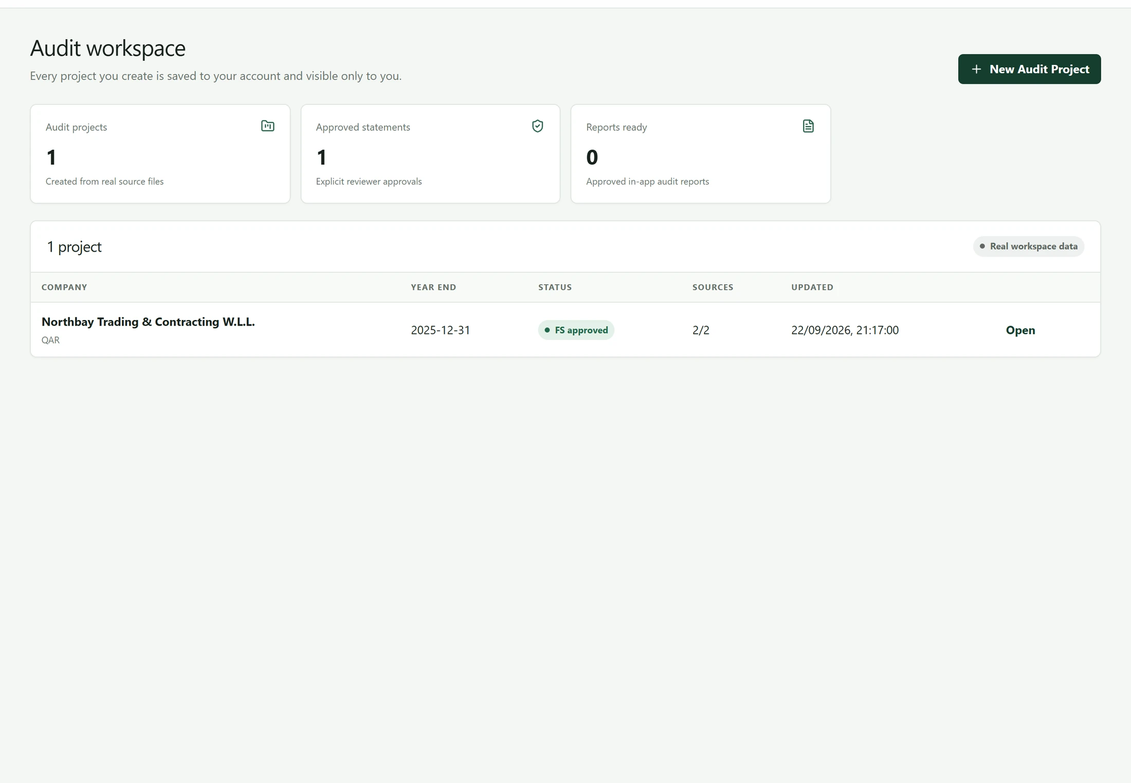 The 47 Financials workspace, listing the demonstration engagement with its reporting period, currency and approval status.